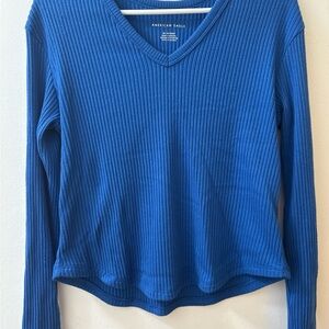 American Eagle Blue Ribbed Long Sleeve Top